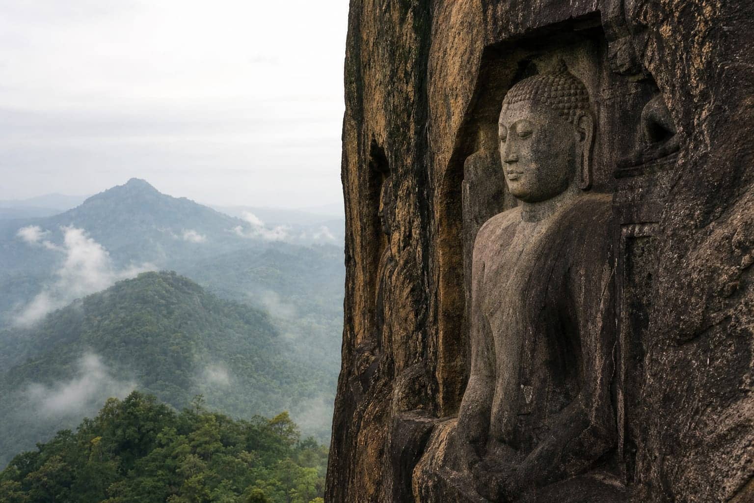 A rock-cut Buddha figure in relief on a cliff face at a Sri Lankan hill country temple