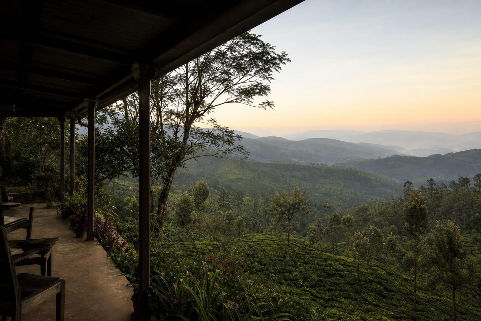 A verandah looking over tea estate slopes at dawn above Haputale, Sri Lanka