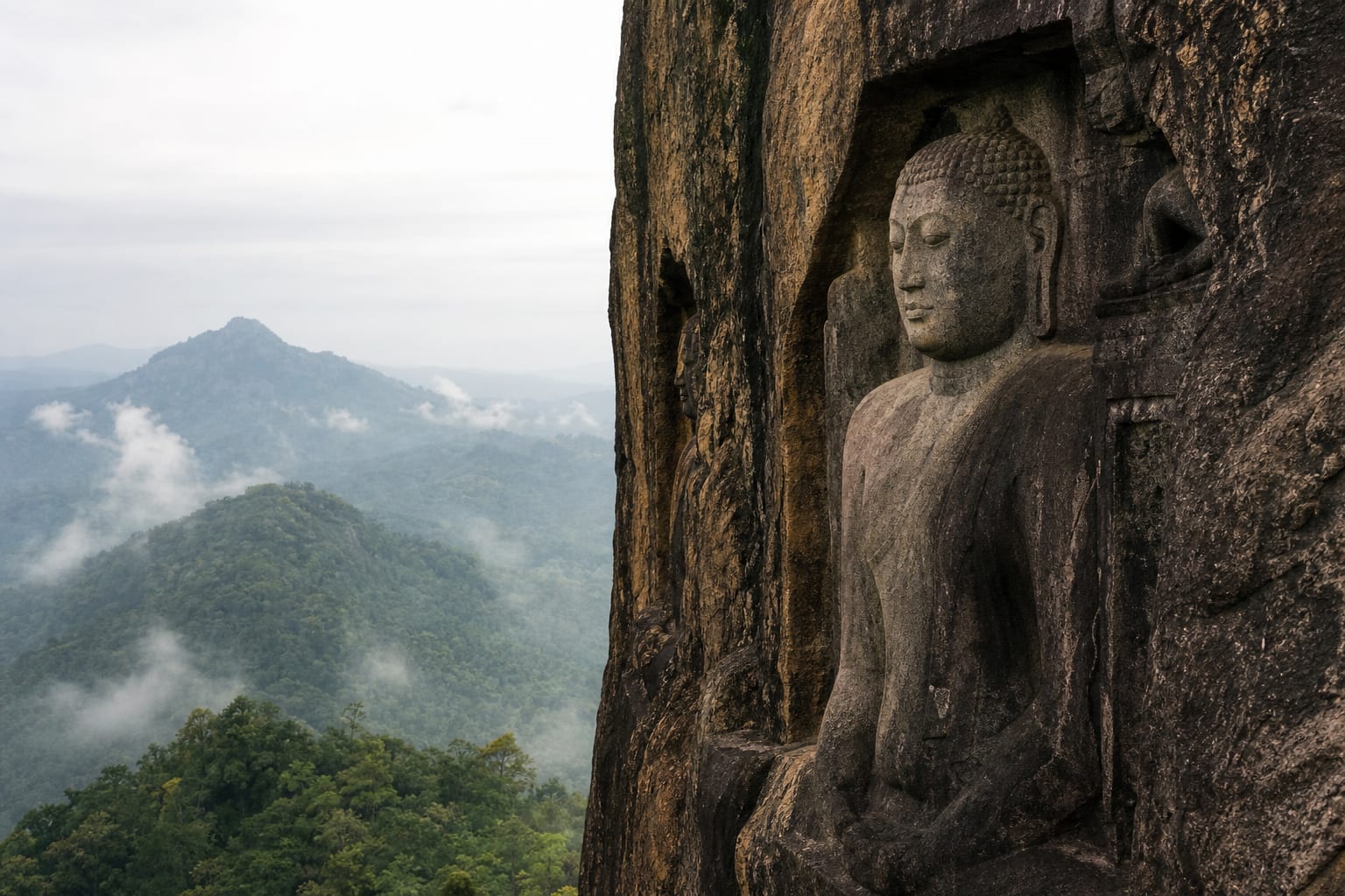 A rock-cut Buddha figure in relief on a cliff face at a Sri Lankan hill country temple