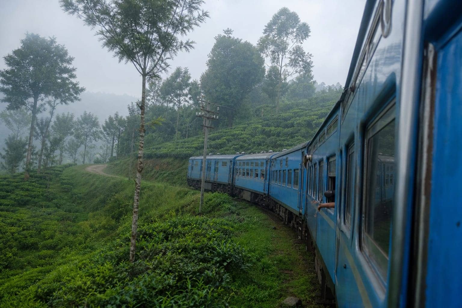 A blue Sri Lankan railway carriage curving through tea estates on the upcountry line
